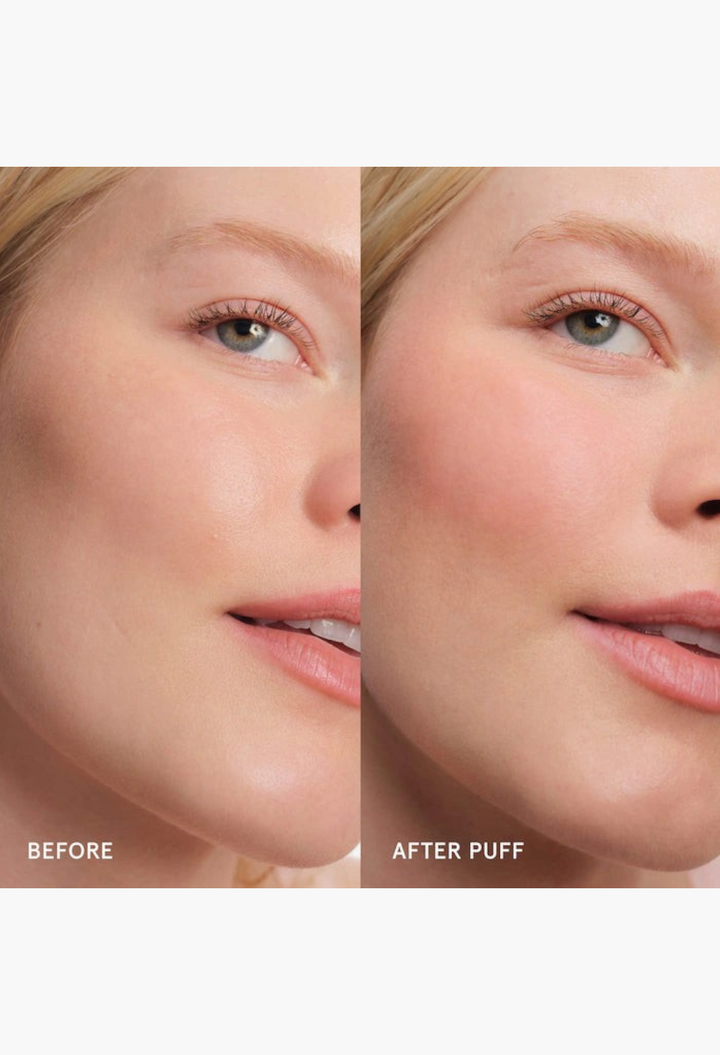 GLAM MODA Cloud Paint gel cream blush applied to a model's cheek for a natural, dewy, sunset-inspired flush