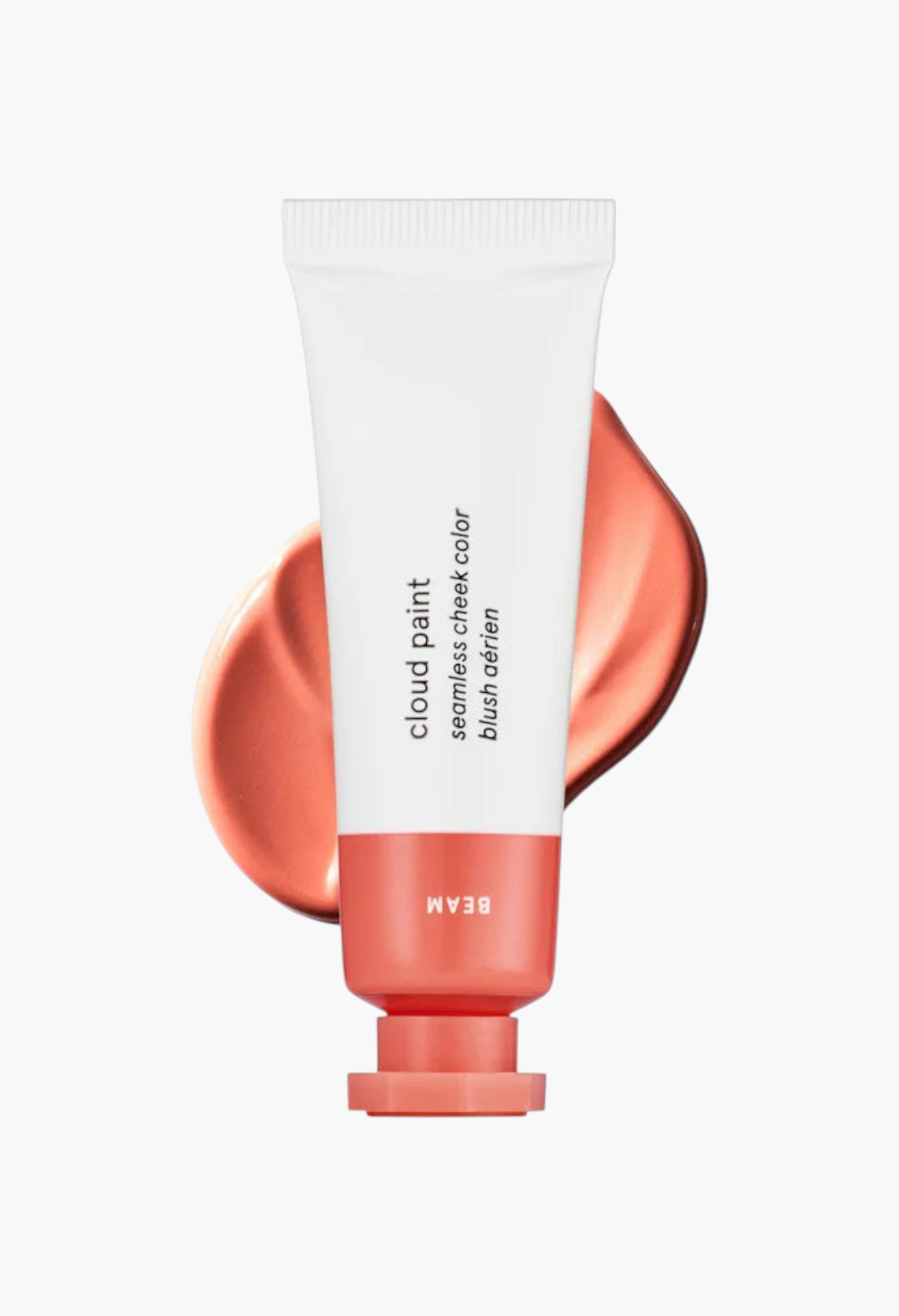 GLAM MODA Cloud Paint gel-cream blush in Beam, a coral shade with a dewy finish shown in a squeeze tube.