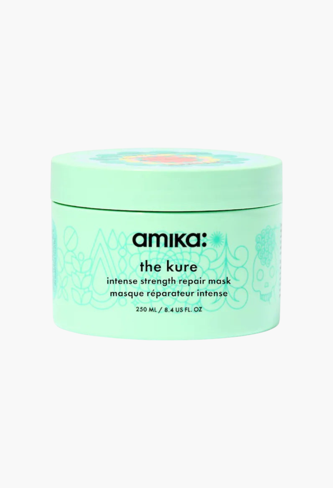 GLAM MODA amika The Kure Intense Strength Repair Hair Mask in a light green 250ml jar for damaged hair.