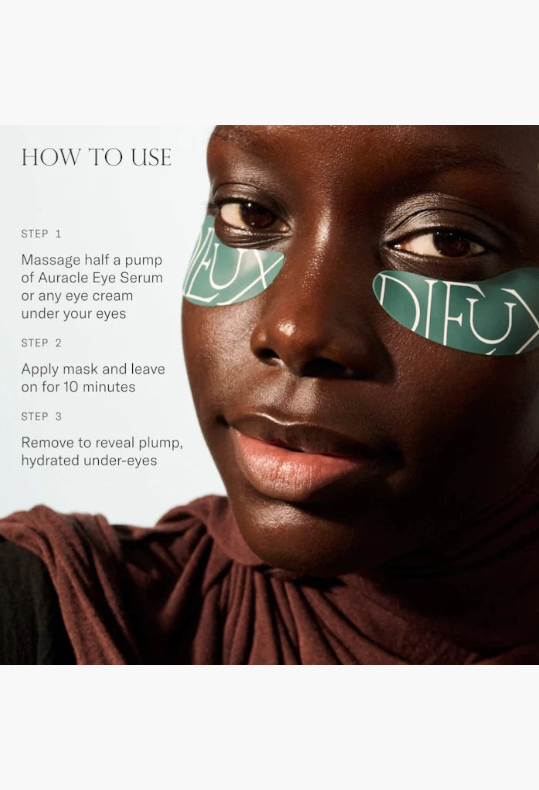 GLAM MODA reusable silicone eye masks on a model showing application steps for hydrated and plump under-eyes