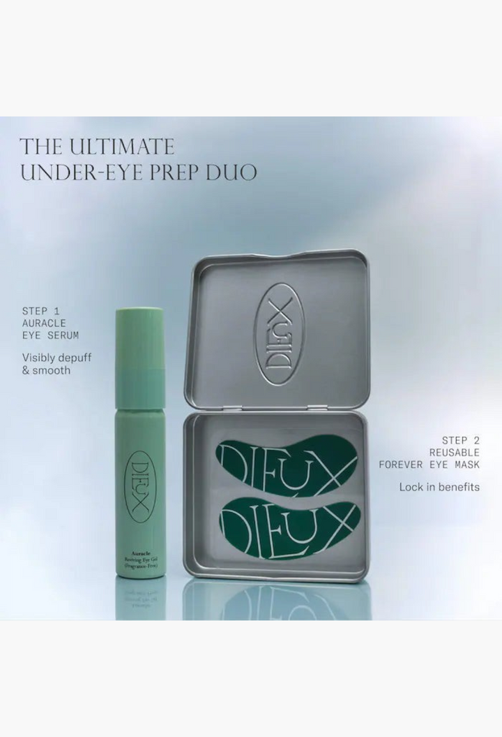 GLAM MODA reusable silicone eye masks in a silver tin with a matching green eye serum bottle for skincare routine.