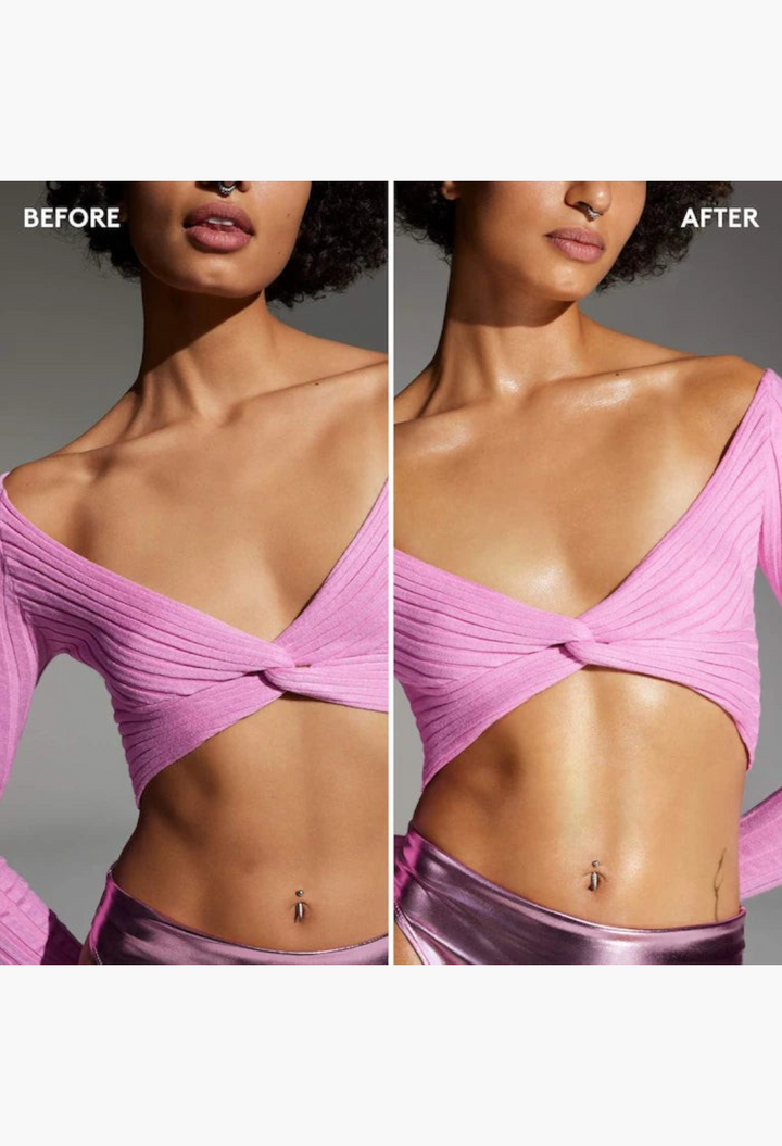 GLAM MODA Butta Drop Hydrating Body Milk before and after application showing glowing, moisturized skin on a model.