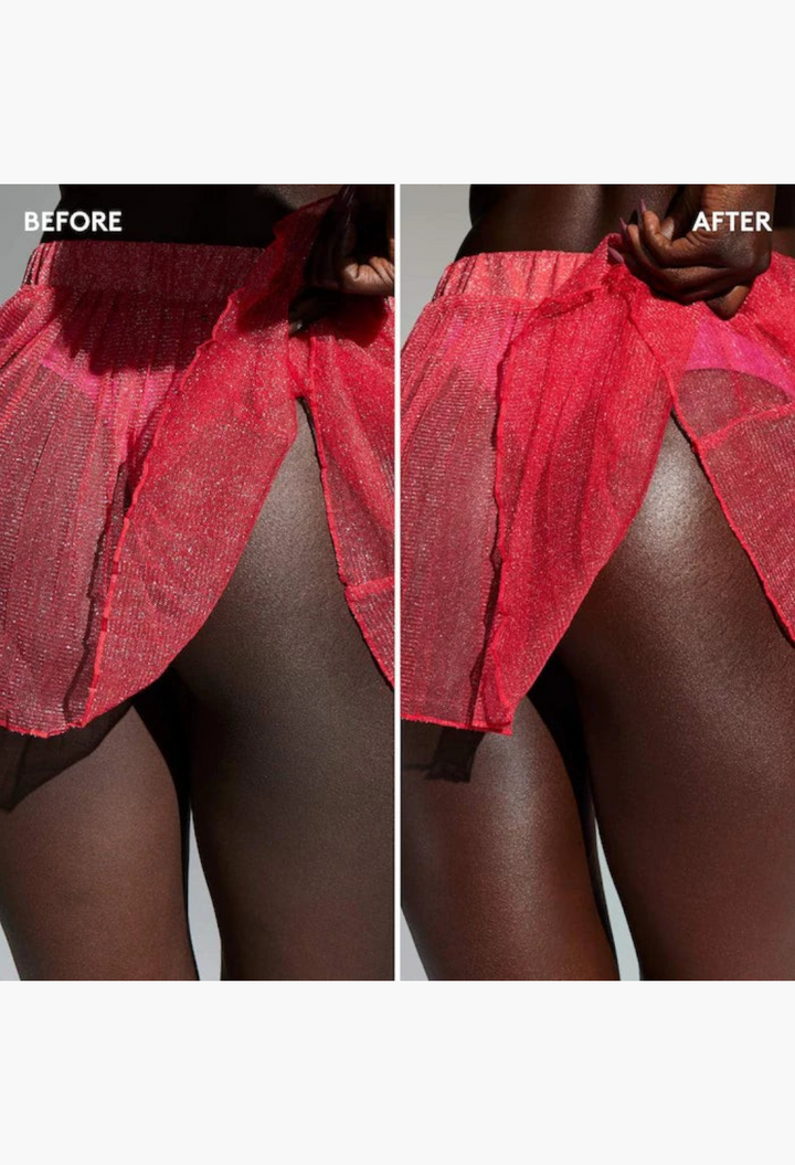 GLAM MODA Butta Drop Hydrating Body Milk showing before and after application on skin for a healthy, hydrated sheen.
