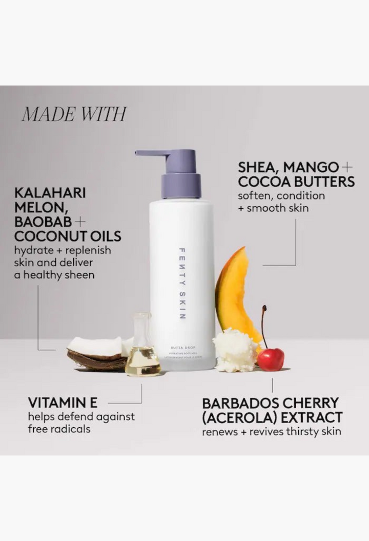 GLAM MODA Butta Drop Hydrating Body Milk bottle with shea, mango, cocoa butters, and cherry extract ingredients.