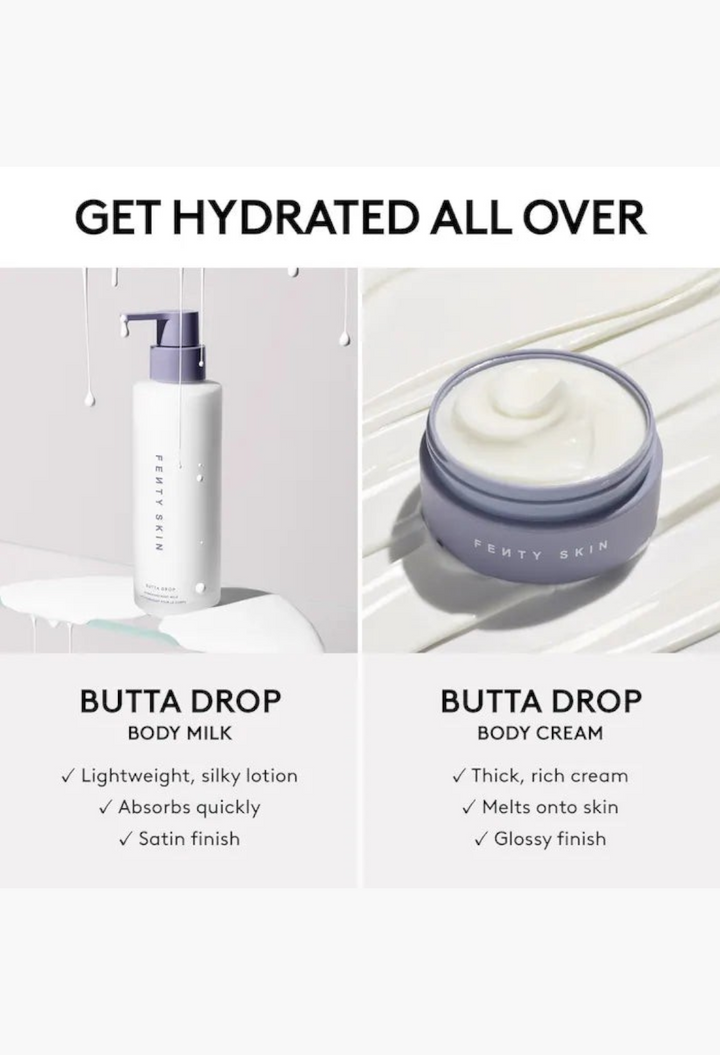 GLAM MODA Butta Drop hydrating body milk and cream comparison showing lightweight lotion and rich body butter textures