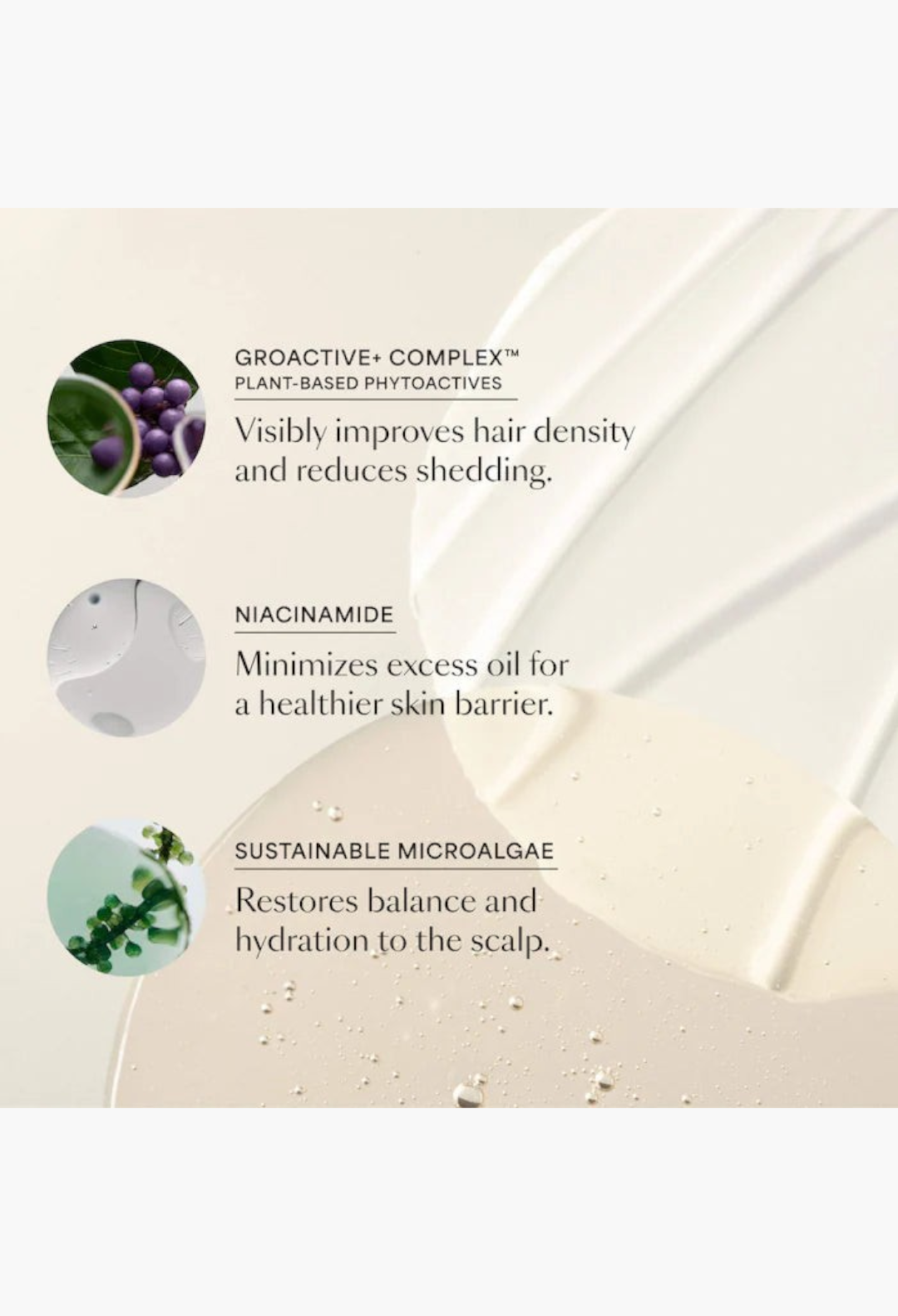 GLAM MODA GRO+ Advanced Balancing hair care ingredients infographic showing plant-based complex, niacinamide, and algae.