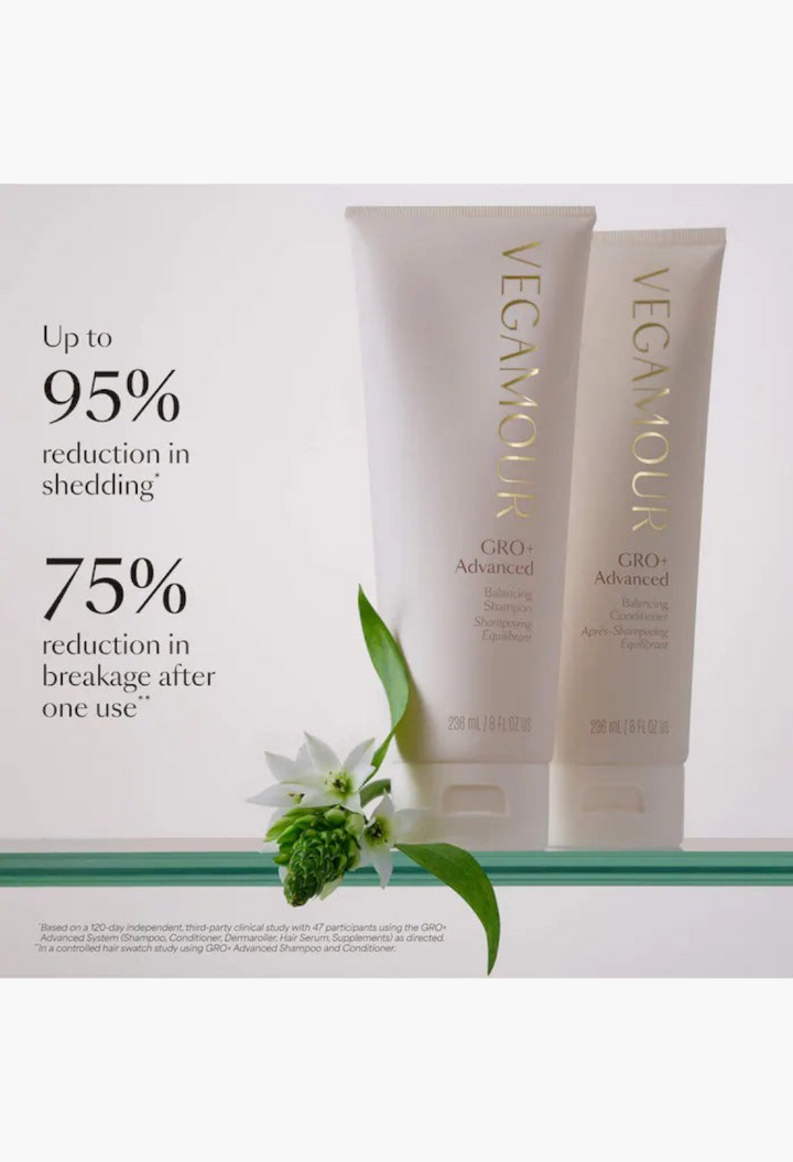GLAM MODA Vegamour GRO+ Advanced Balancing shampoo and conditioner set for thinning hair on a glass shelf.