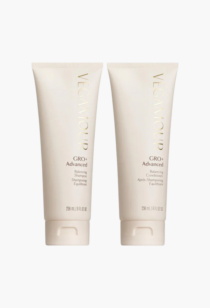 GLAM MODA Vegamour GRO+ Advanced Balancing Shampoo and Conditioner set in beige tubes for thinning hair.
