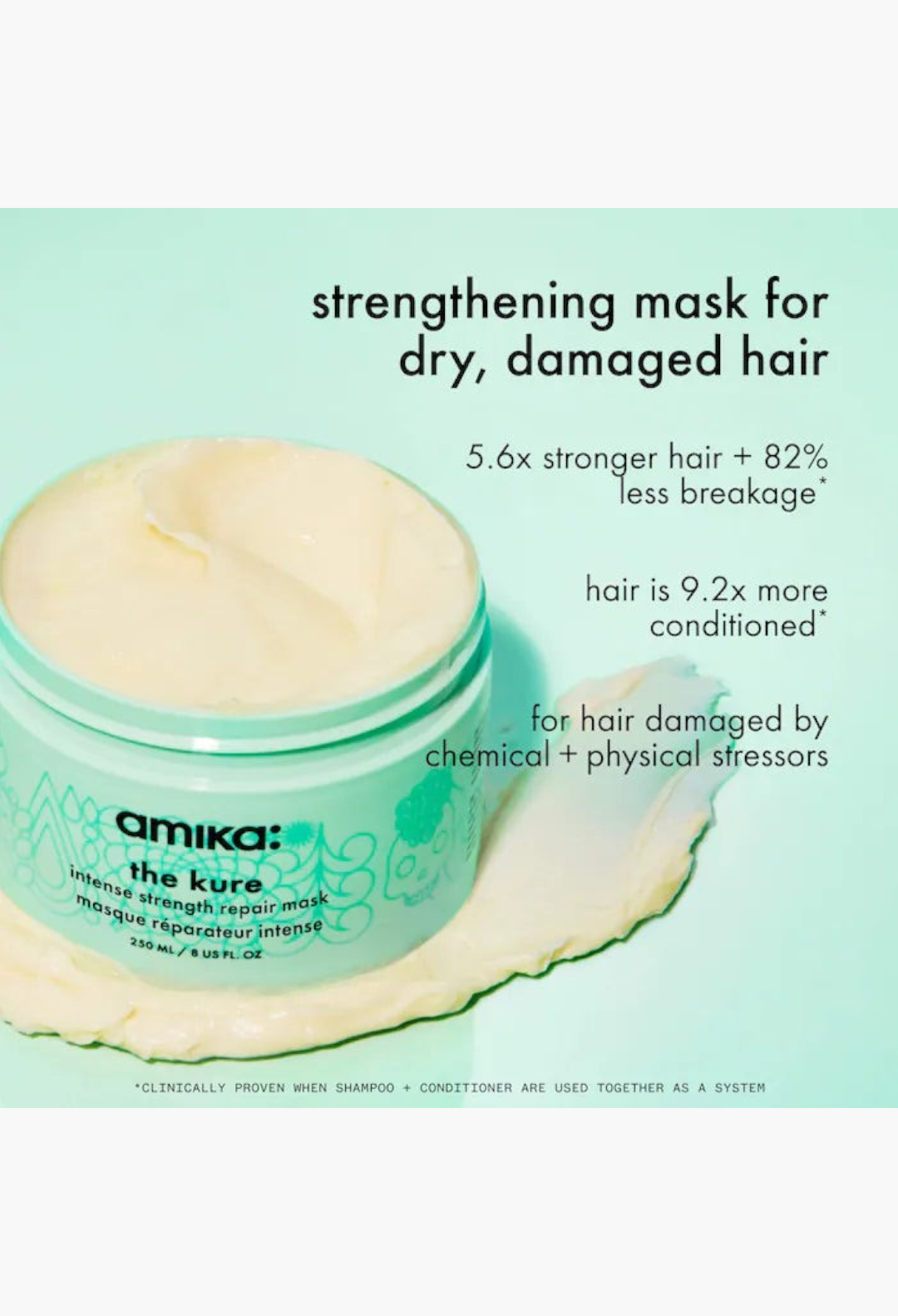 GLAM MODA amika The Kure intense strength repair hair mask in a light green jar with creamy product texture