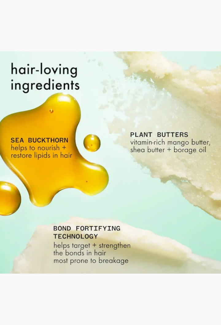 GLAM MODA The Kure hair mask ingredients showing golden sea buckthorn oil, creamy plant butters, and bond technology