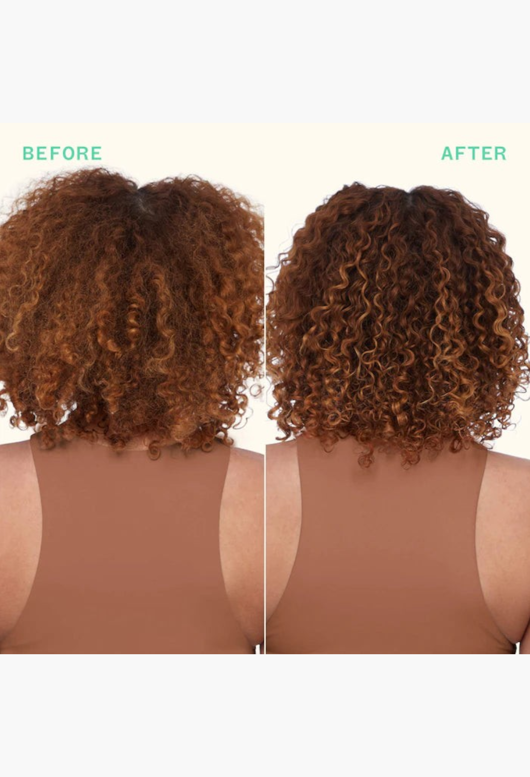 GLAM MODA before and after comparison of curly hair showing reduced frizz and improved definition after using hair mask