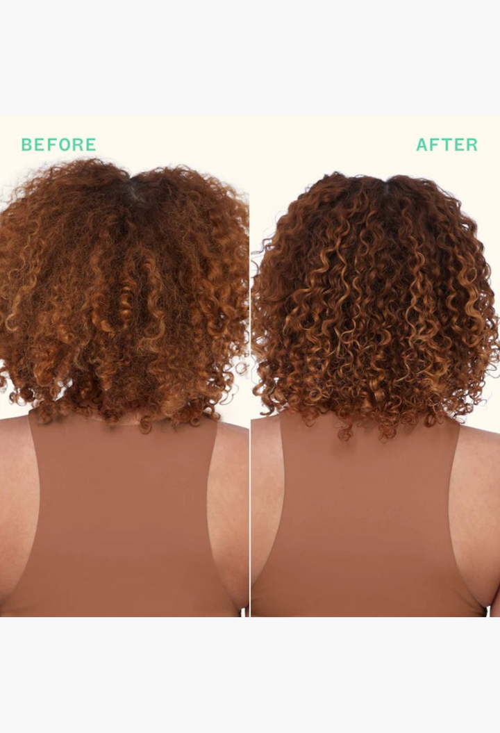 GLAM MODA before and after comparison of curly hair showing reduced frizz and improved definition after using hair mask