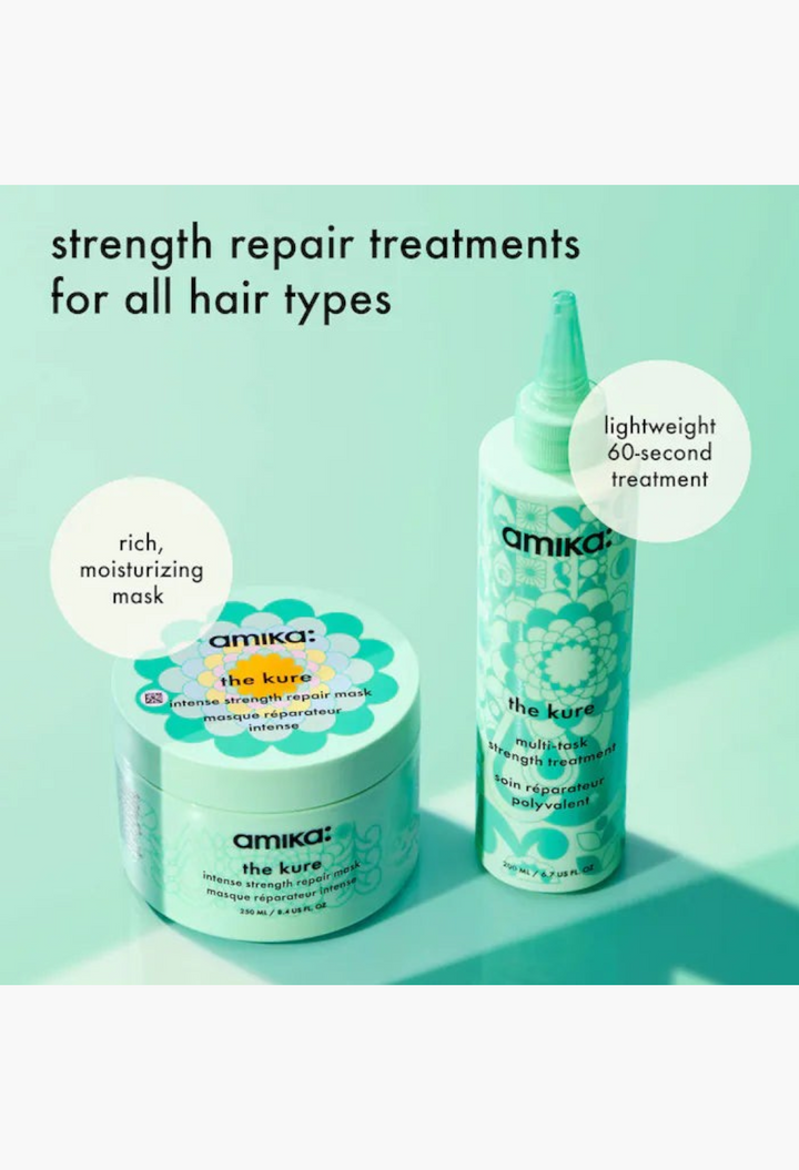 GLAM MODA amika The Kure hair repair mask jar and multi-task treatment bottle on a light green background.