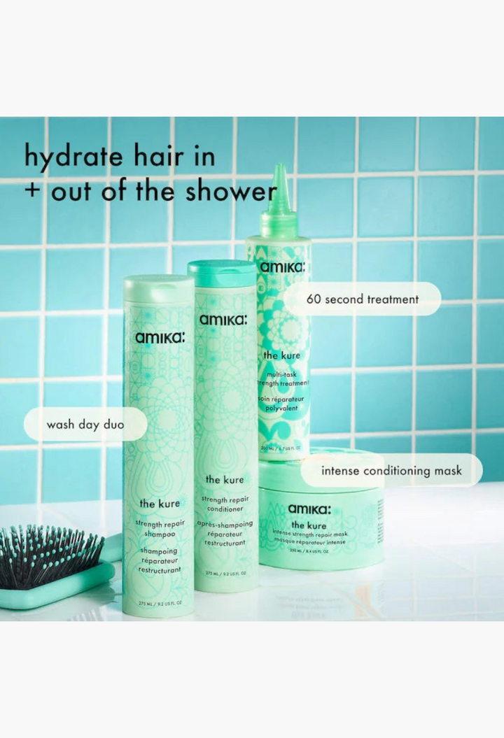 GLAM MODA amika The Kure hair care collection featuring shampoo, conditioner, treatment, and intense repair mask.