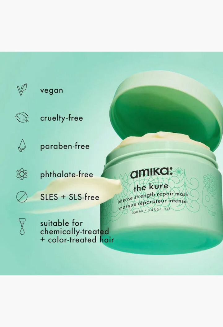 GLAM MODA amika The Kure intense strength repair hair mask in a light green jar with vegan and cruelty-free icons.