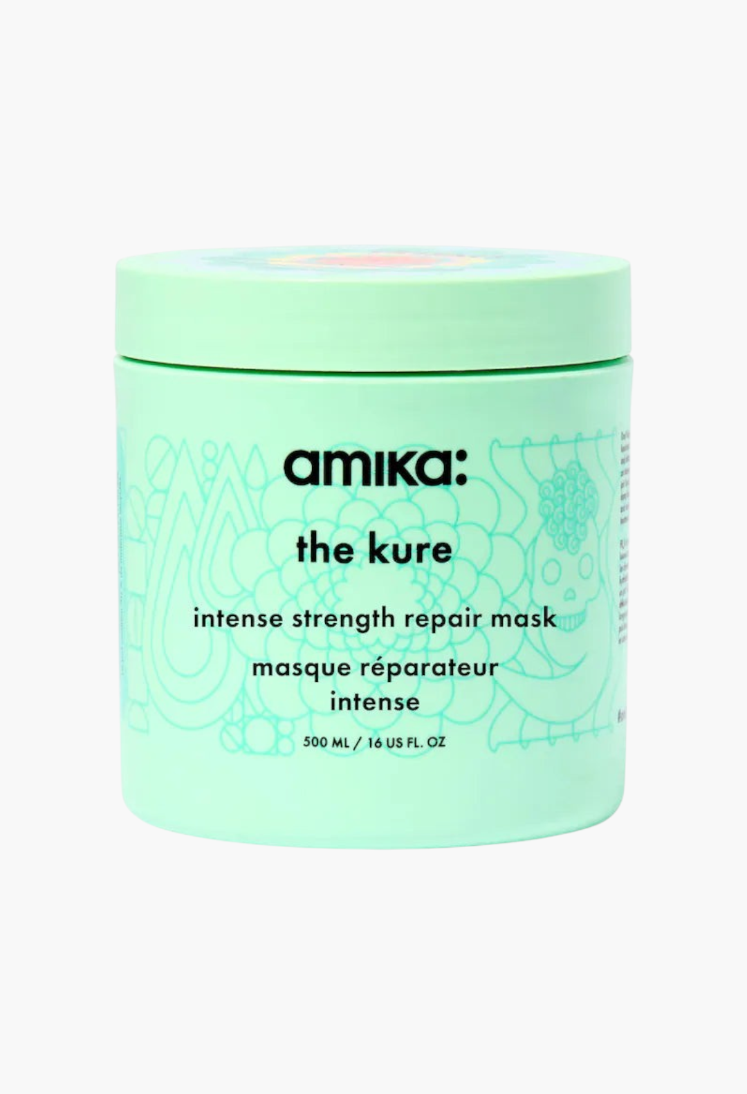 GLAM MODA amika The Kure Intense Strength Repair Hair Mask in a light green 500ml jar for damaged hair.