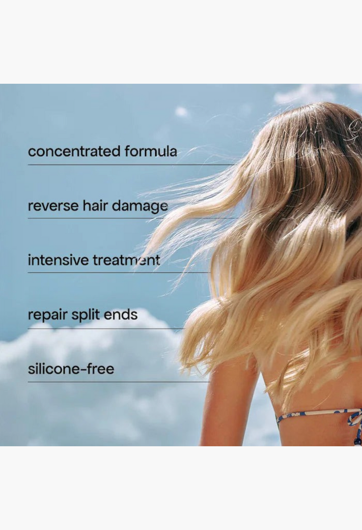 GLAM MODA Rapid Repair Bond Builder+ leave-in hair treatment benefits listed over a woman with healthy blonde hair