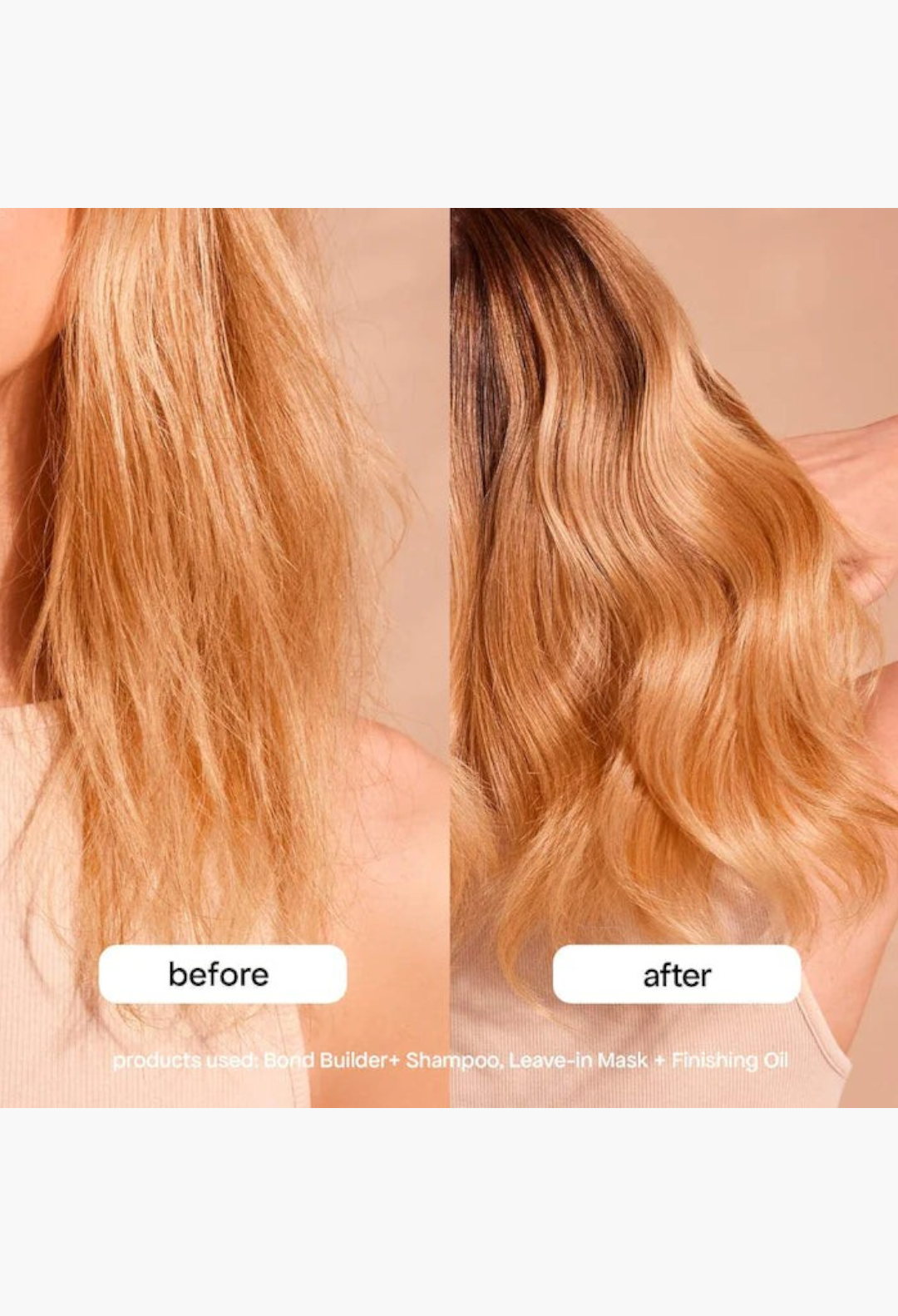 GLAM MODA Rapid Repair Bond Builder+ leave-in treatment showing before and after results on blonde hair