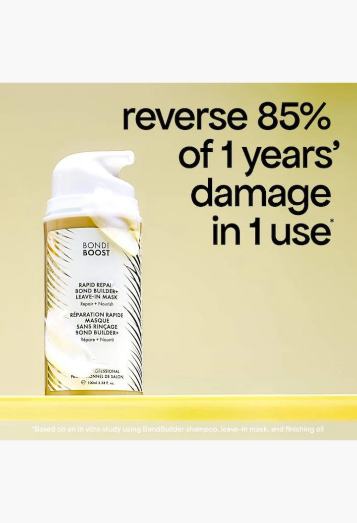 GLAM MODA Rapid Repair Bond Builder+ leave-in hair mask bottle on a yellow surface with damage reversal text overlay