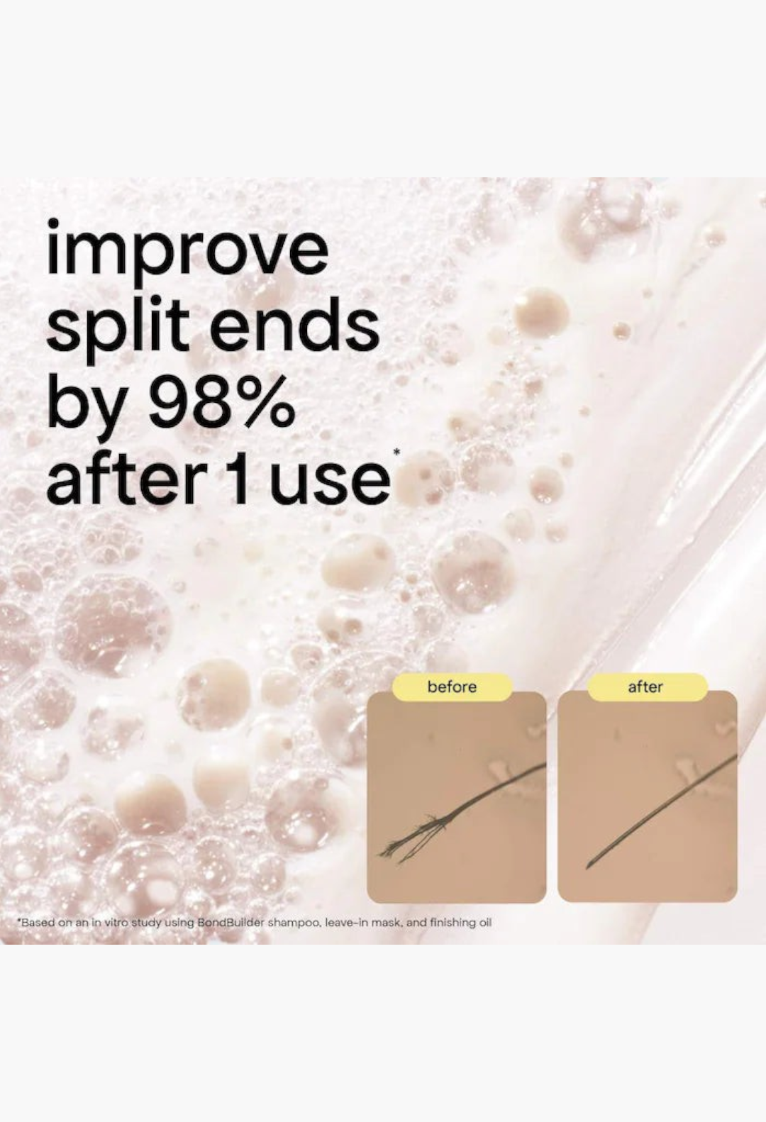 GLAM MODA Rapid Repair Bond Builder+ leave-in treatment showing clinical results of 98% split end improvement.