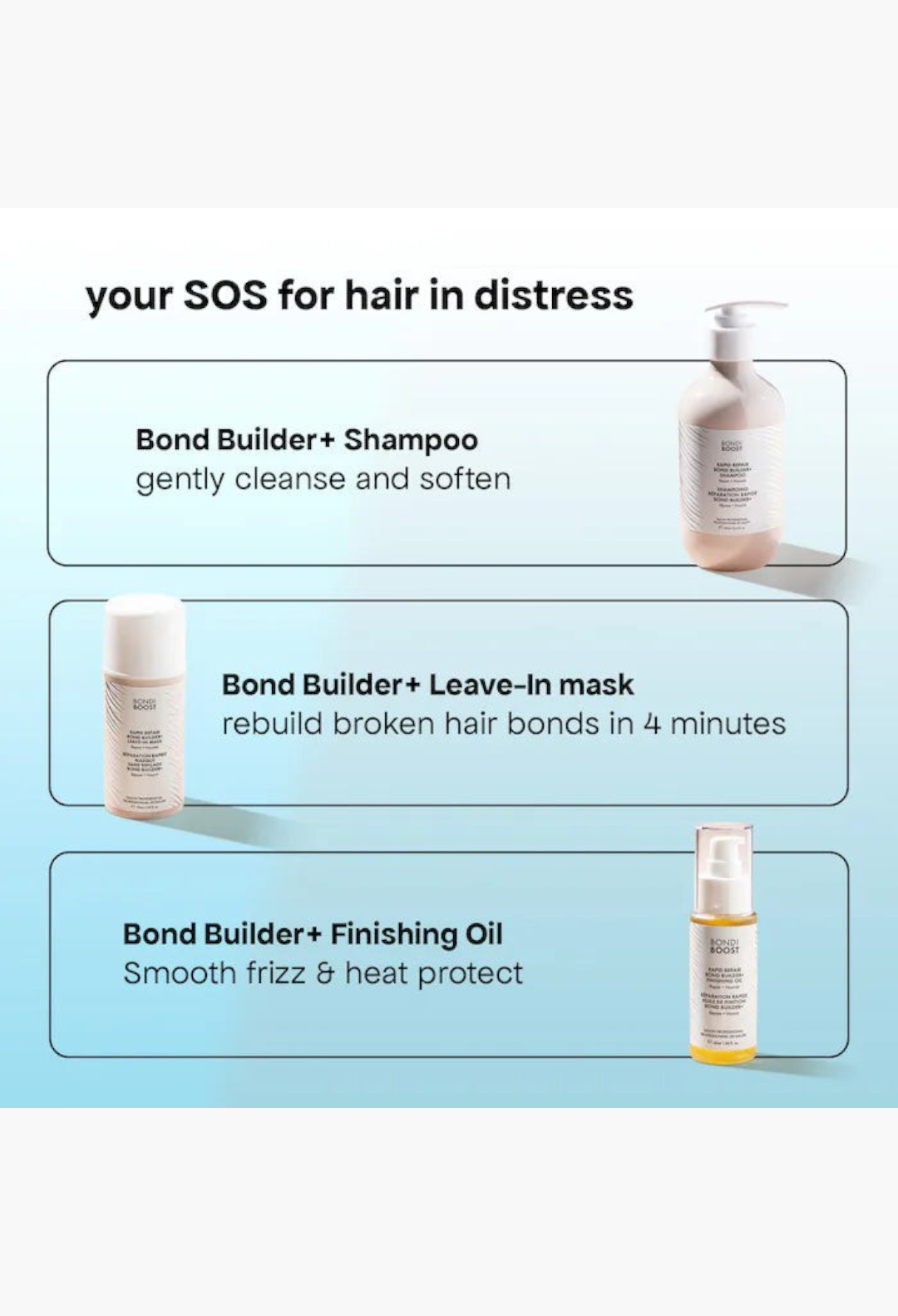 GLAM MODA Bond Builder+ hair care set including shampoo, leave-in mask, and finishing oil for repairing damaged hair.