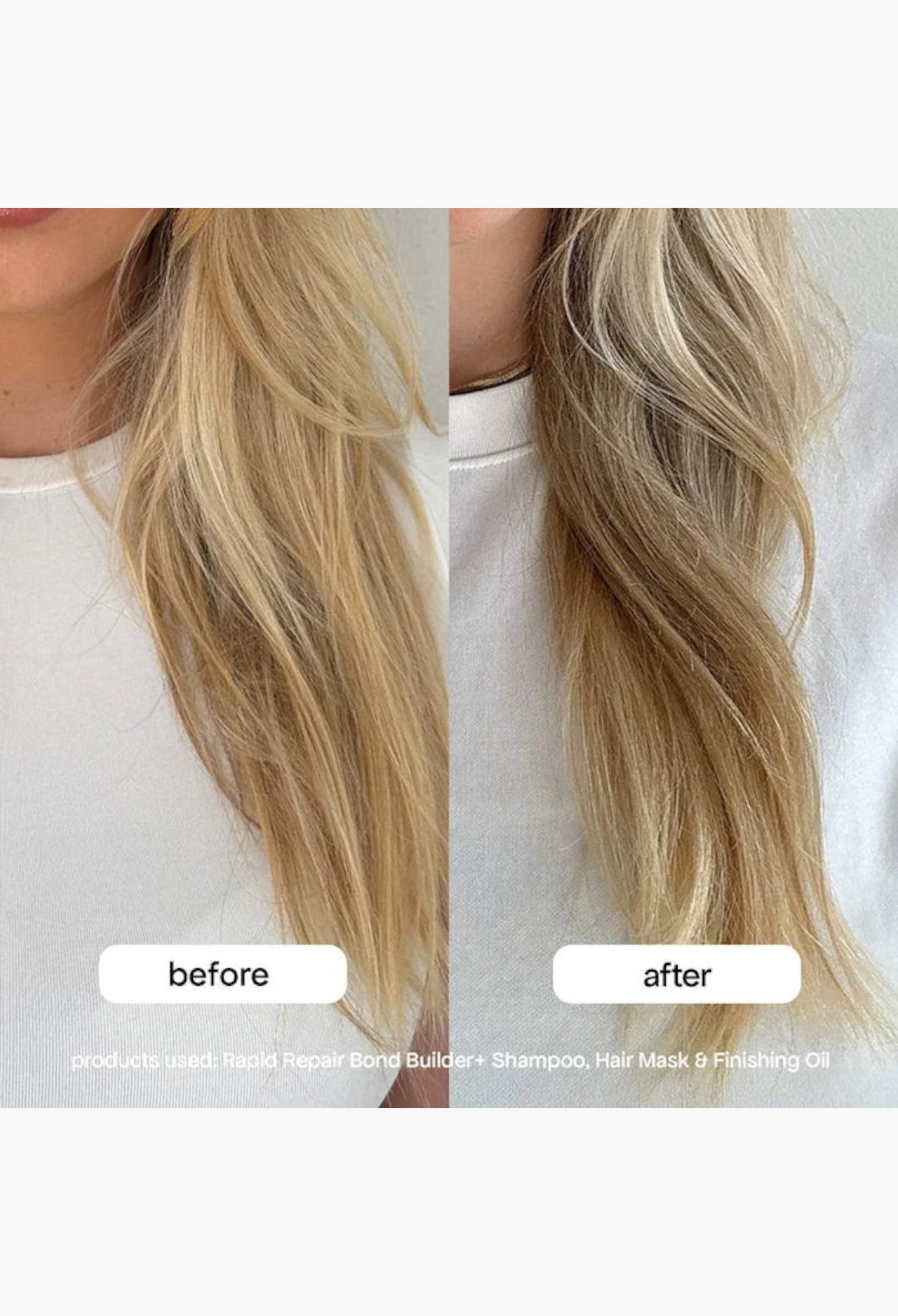 GLAM MODA before and after hair transformation showing smoother, healthier blonde hair after using bond builder treatment.