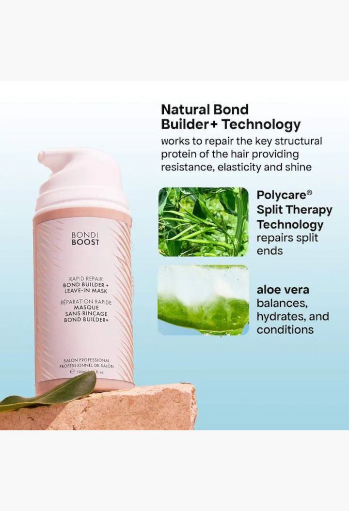 GLAM MODA Bondi Boost Rapid Repair Bond Builder+ leave-in hair mask bottle with ingredient highlights and benefits.
