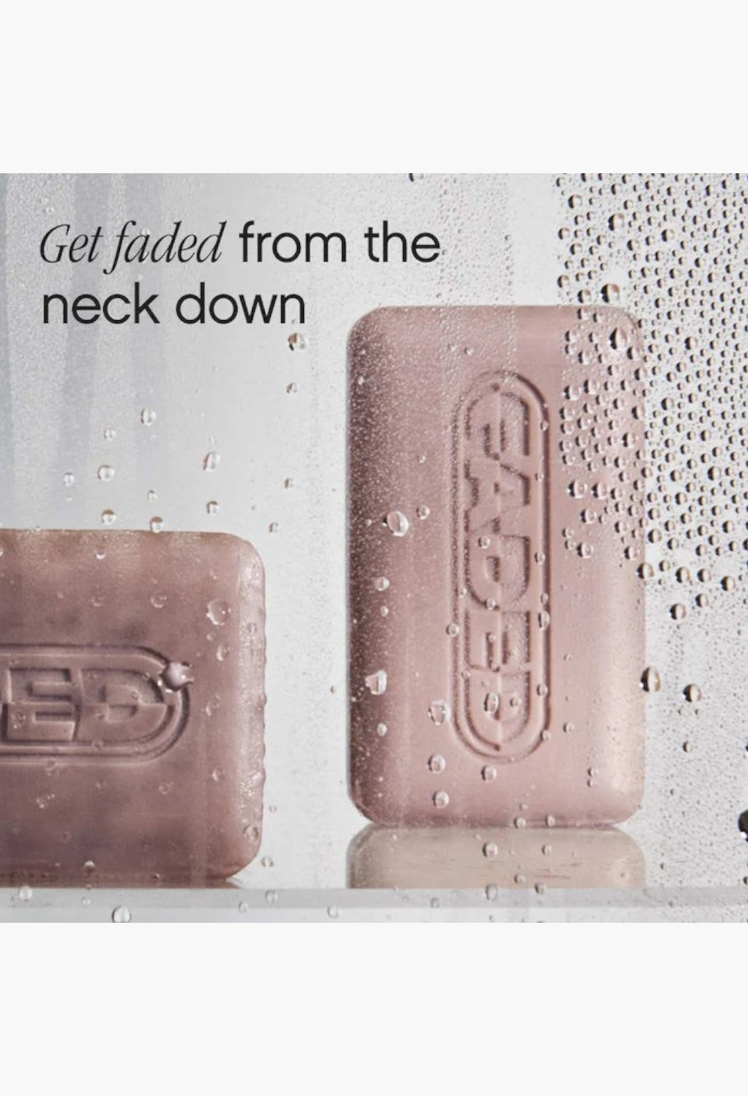 GLAM MODA Faded brightening body bars with water droplets on a reflective surface for uneven skin tone treatment