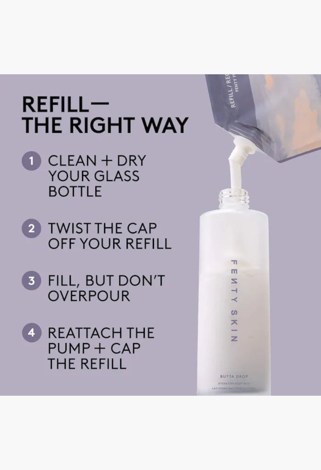 GLAM MODA Butta Drop Hydrating Body Milk refill pouch pouring lotion into a clear pump bottle for skincare.