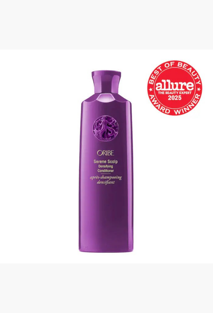 GLAM MODA Oribe Serene Scalp Densifying Conditioner in a purple bottle with an Allure Best of Beauty 2025 award seal.