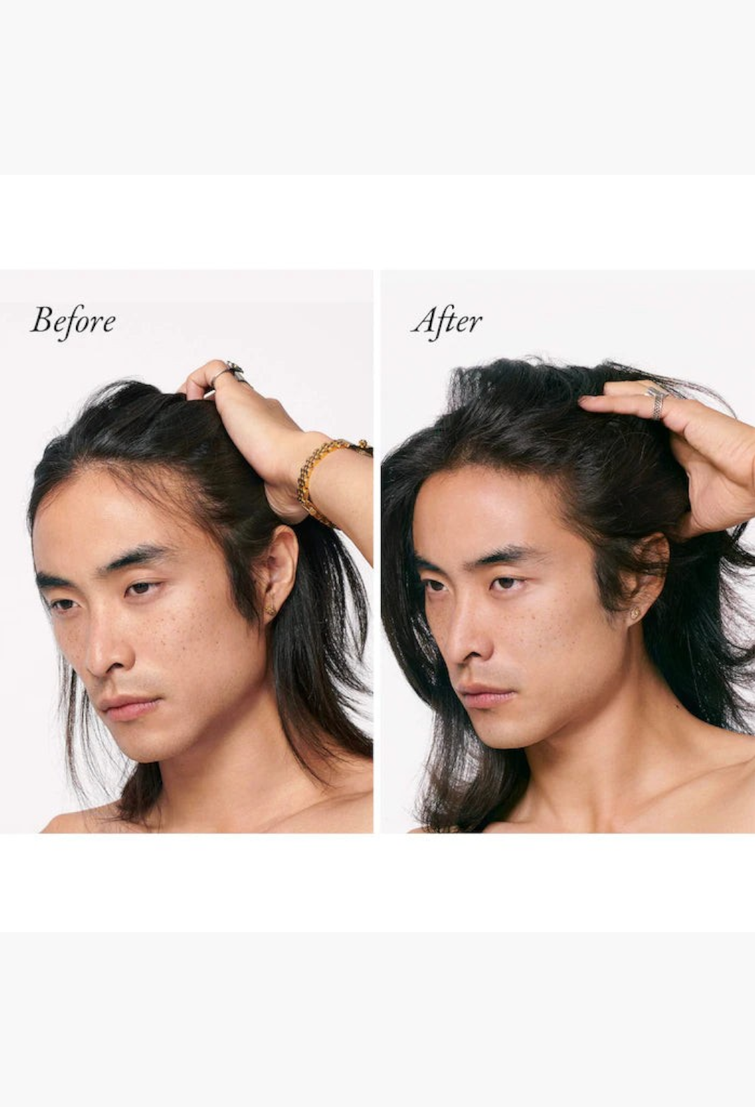 GLAM MODA Serene Scalp Densifying Conditioner before and after results showing increased hair volume and fullness