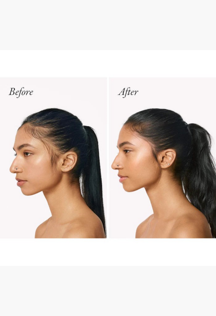 GLAM MODA before and after results of densifying conditioner showing increased hair volume and fullness in a ponytail