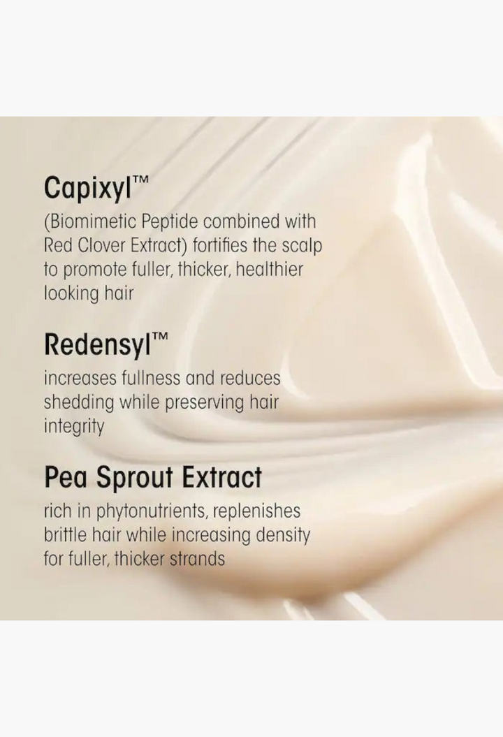 GLAM MODA Serene Scalp Densifying Conditioner texture showing Capixyl, Redensyl, and Pea Sprout Extract benefits.