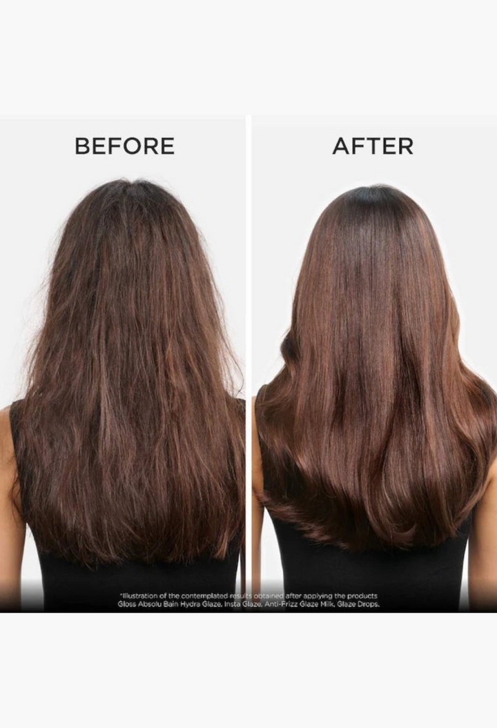 GLAM MODA hair transformation showing before and after results of Gloss Absolu conditioner for smooth glossy hair