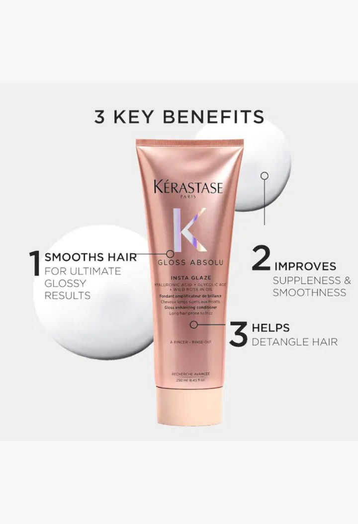 GLAM MODA Gloss Absolu high-shine anti-frizz conditioner tube with key benefits listed for smooth and glossy hair.