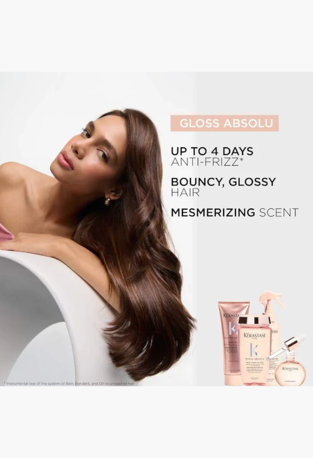 GLAM MODA Gloss Absolu conditioner ad featuring a woman with long, shiny, bouncy brown hair and product bottles.