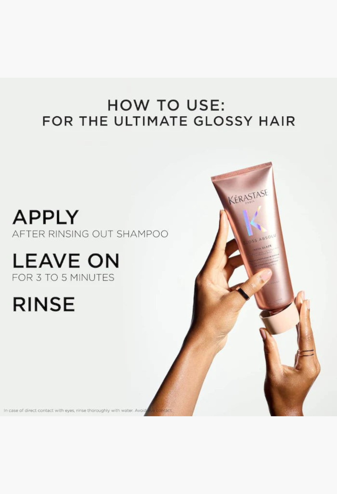 GLAM MODA Gloss Absolu high-shine anti-frizz conditioner tube held by hands with instructions for use