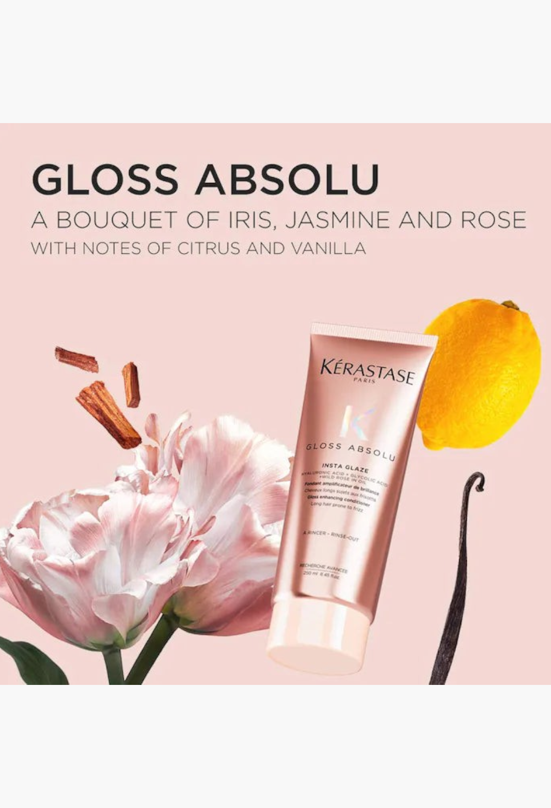 GLAM MODA Gloss Absolu high-shine anti-frizz conditioner tube with floral, lemon, and vanilla accents.