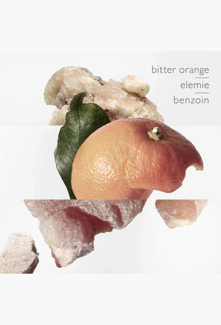 GLAM MODA fragrance ingredients featuring bitter orange, elemie, and benzoin resin on a clean white background.