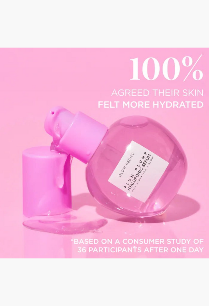 GLAM MODA Plum Plump Hyaluronic Serum bottle with pink cap, dripping serum on a pink background with hydration claim.