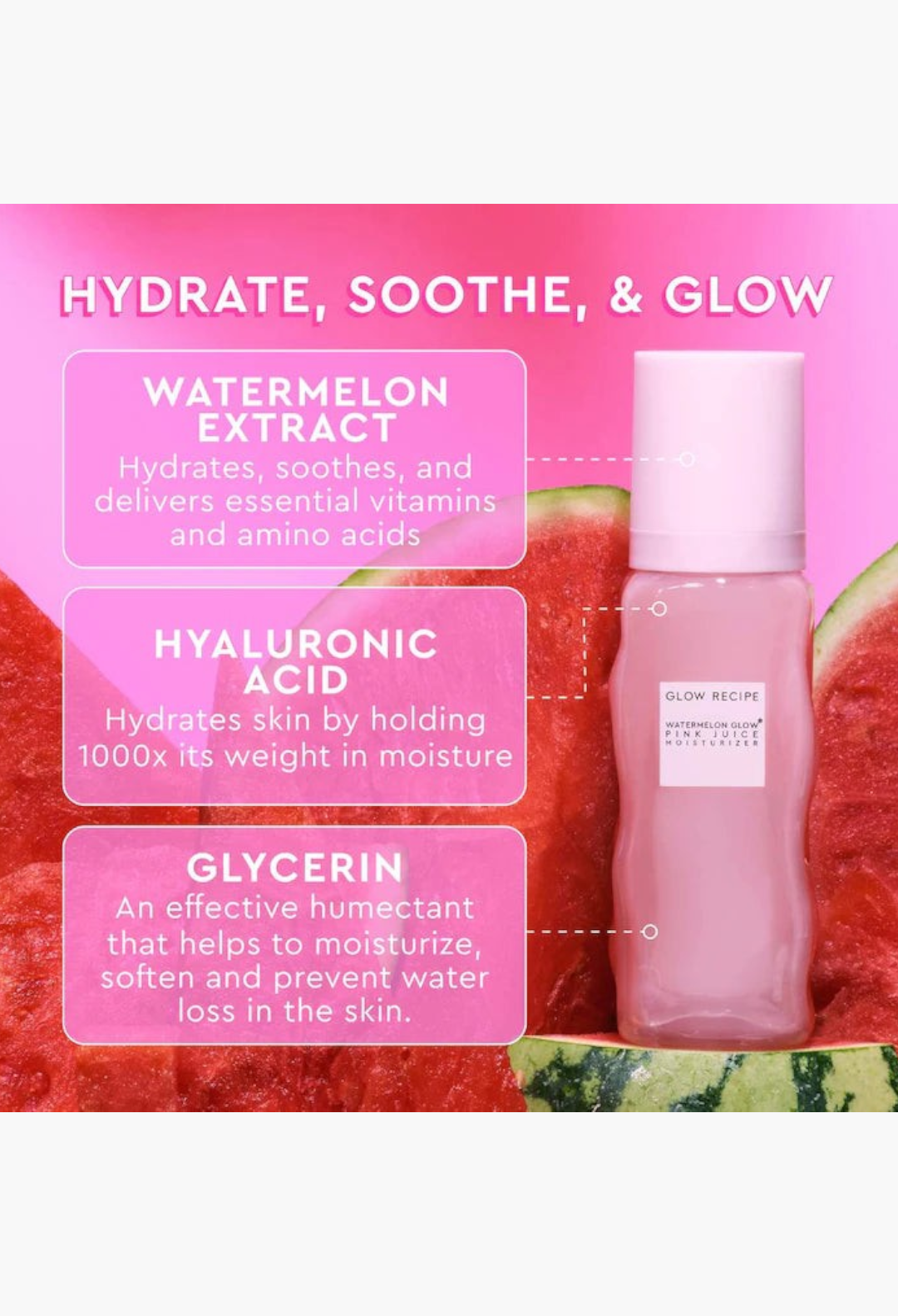 GLAM MODA Watermelon Pink Juice moisturizer bottle with ingredient callouts for watermelon extract and hyaluronic acid