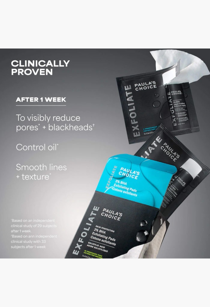 GLAM MODA Paula's Choice 2% BHA exfoliating pads in black and blue packaging with a single pad pulled out