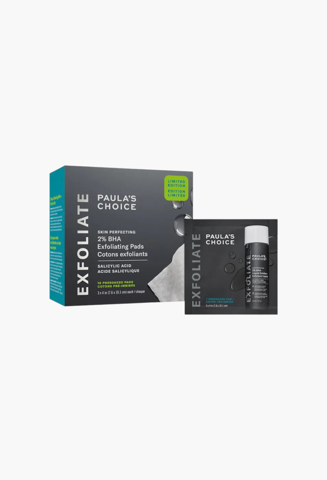GLAM MODA Paula's Choice 2% BHA exfoliating pads box and single packet for clear skin and reduced pores