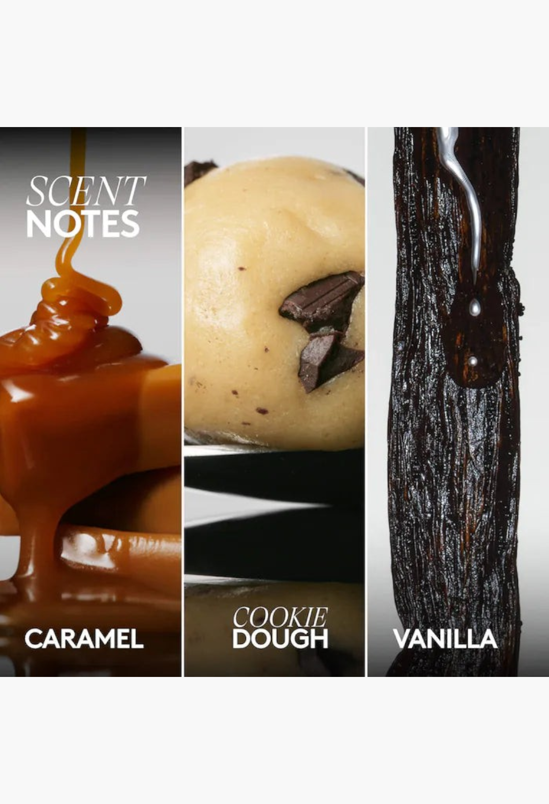 GLAM MODA Butta Drop Hydrating Body Milk ingredients featuring caramel, cookie dough, and vanilla bean textures.
