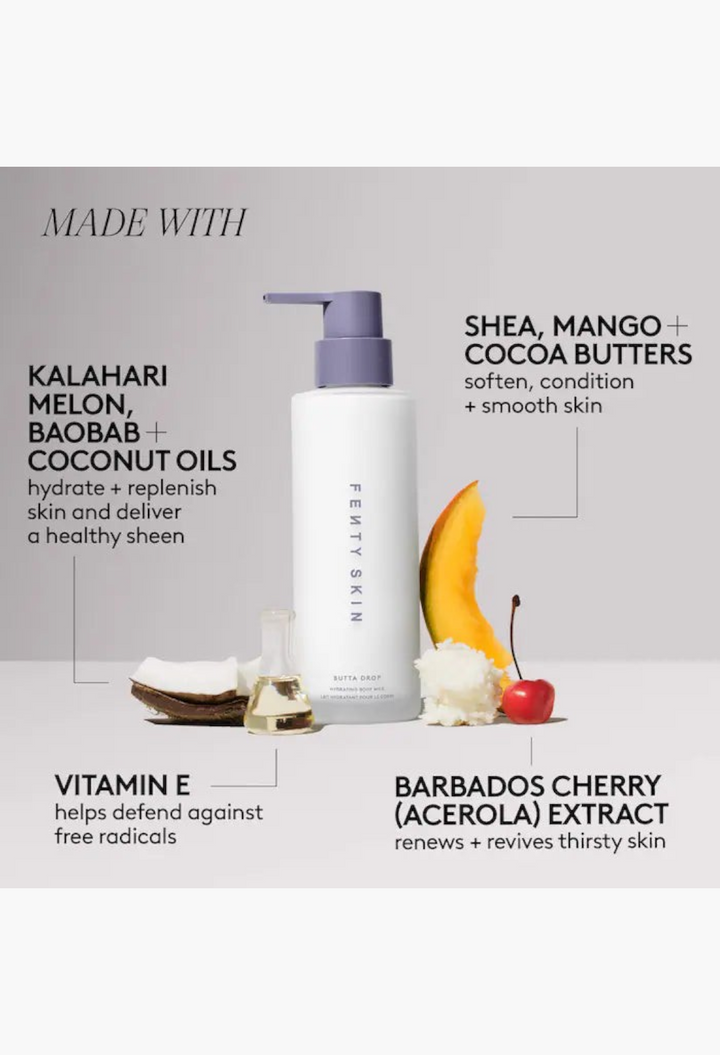 GLAM MODA Fenty Skin Butta Drop hydrating body milk in a white pump bottle with coconut, mango, and cherry accents.