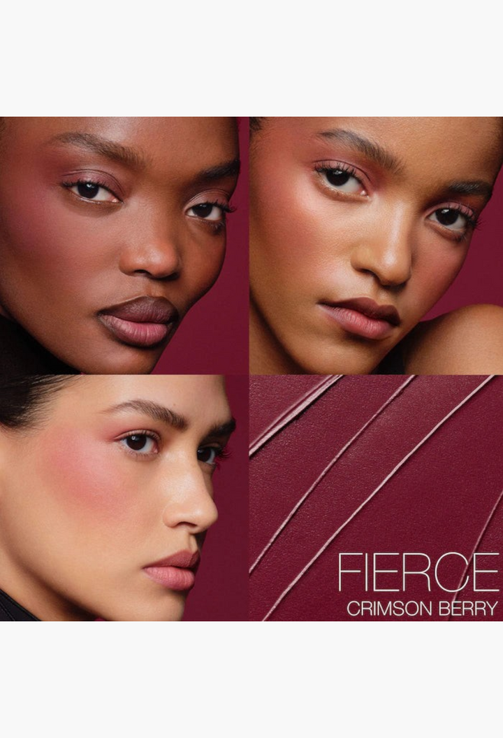 GLAM MODA The Multiple Soft Blur Blush Stick in Crimson Berry applied to cheeks, eyes, and lips on diverse models.