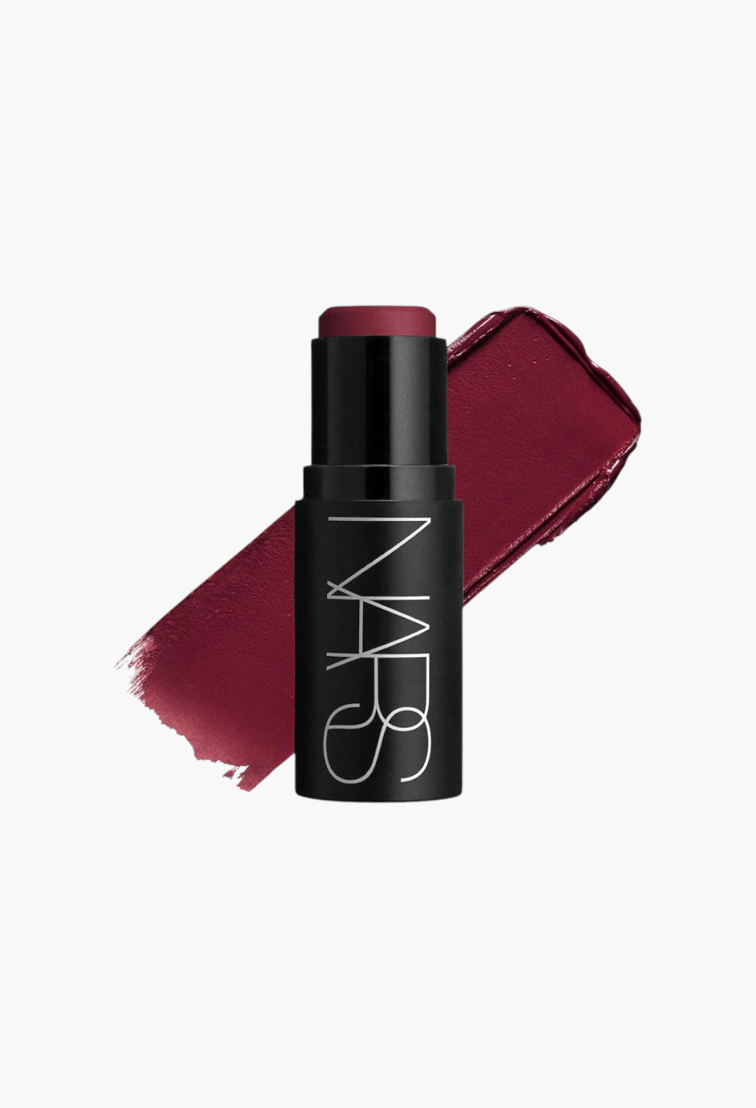 GLAM MODA NARS multipurpose cream-to-powder blush stick in a deep berry shade with a matching product swatch.