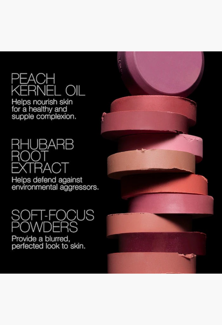 GLAM MODA multipurpose blush stick shades stacked vertically, highlighting soft-focus powder and nourishing ingredients.