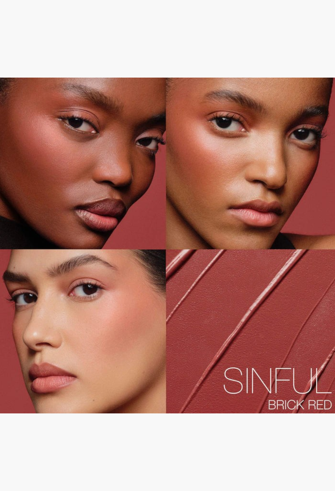GLAM MODA The Multiple Soft Blur Blush Stick in Sinful brick red shade applied on cheeks, eyes, and lips of models.