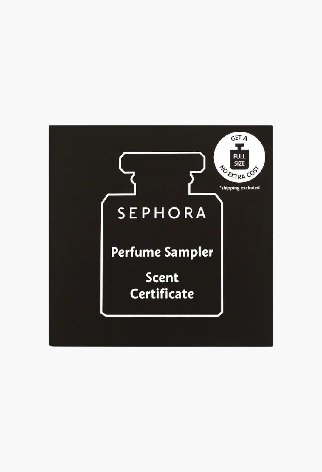 GLAM MODA perfume sampler set scent certificate graphic with a bottle icon and text about redeeming a full-size scent.